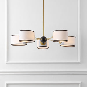 Safavieh Mickie, 32" 5-Light Gold & Black Iron Chandelier With White Fabric Shades — Adjustable Height, Transitional Elegance CHA4083A