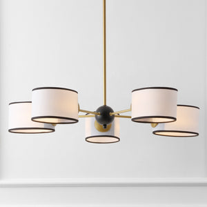 Safavieh Mickie, 32" 5-Light Gold & Black Iron Chandelier With White Fabric Shades — Adjustable Height, Transitional Elegance CHA4083A