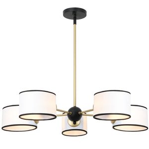 Safavieh Mickie, 32" 5-Light Gold & Black Iron Chandelier With White Fabric Shades — Adjustable Height, Transitional Elegance CHA4083A