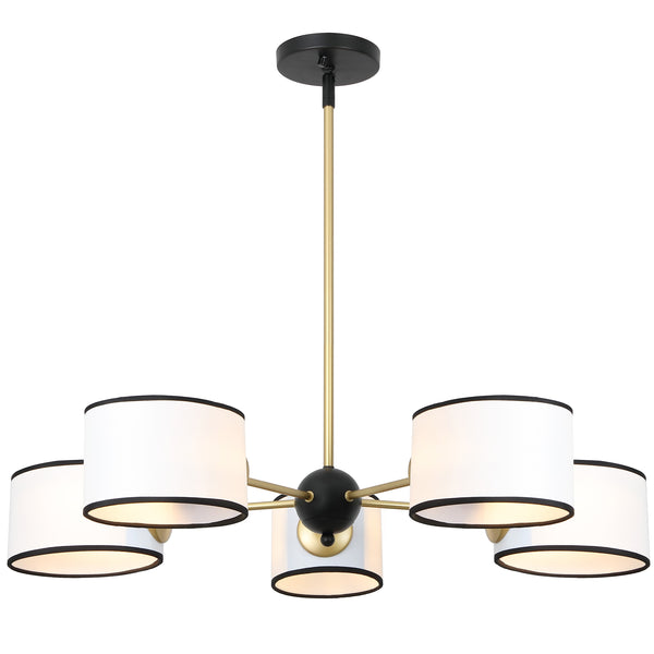 Safavieh Mickie, 32" 5-Light Gold & Black Iron Chandelier With White Fabric Shades — Adjustable Height, Transitional Elegance CHA4083A