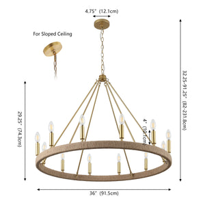 Safavieh Enya, 36" 12-Light Rope Rattan Chandelier With Gold Accents — Adjustable Height, Coastal Farmhouse Glam CHA4084A