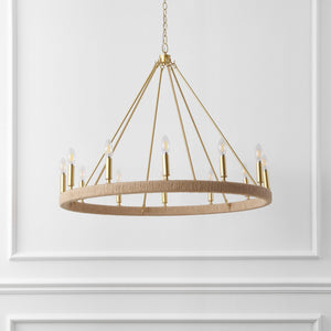 Safavieh Enya, 36" 12-Light Rope Rattan Chandelier With Gold Accents — Adjustable Height, Coastal Farmhouse Glam CHA4084A