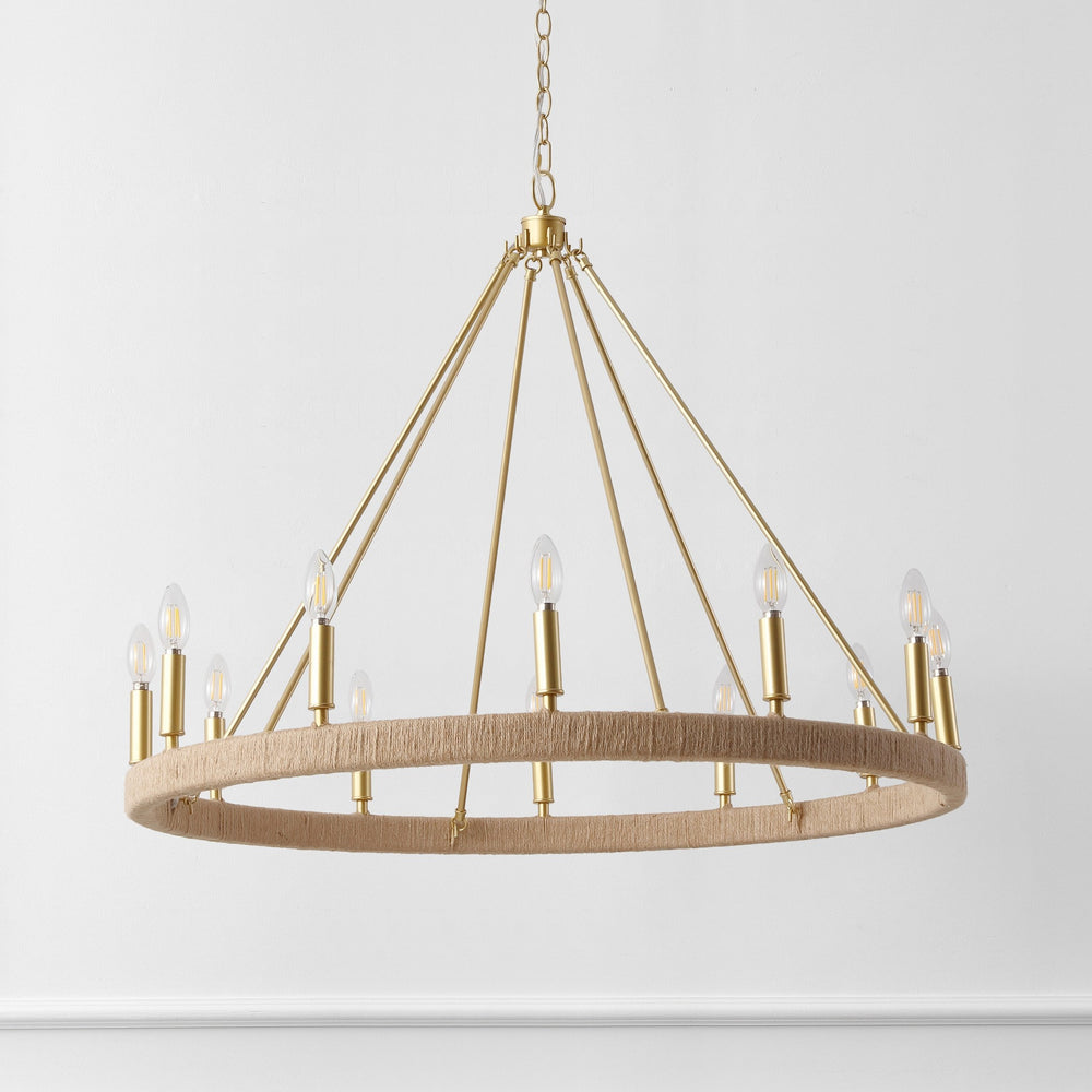 Safavieh Enya, 36" 12-Light Rope Rattan Chandelier With Gold Accents — Adjustable Height, Coastal Farmhouse Glam CHA4084A