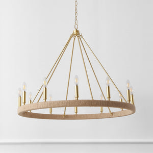 Safavieh Enya, 36" 12-Light Rope Rattan Chandelier With Gold Accents — Adjustable Height, Coastal Farmhouse Glam CHA4084A