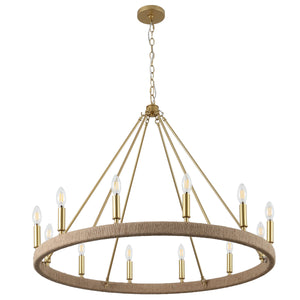 Safavieh Enya, 36" 12-Light Rope Rattan Chandelier With Gold Accents — Adjustable Height, Coastal Farmhouse Glam CHA4084A