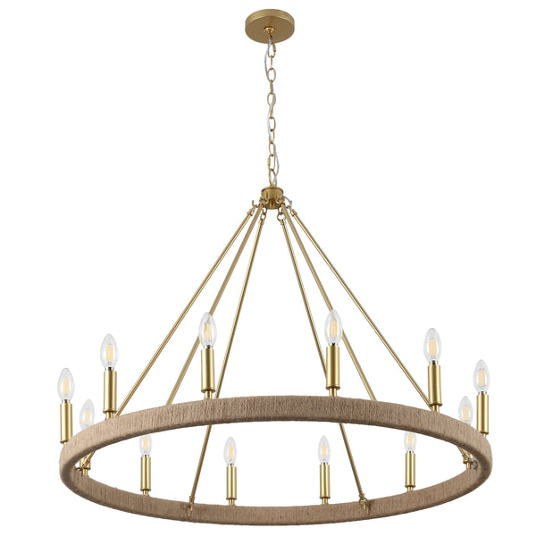 Safavieh Enya, 36" 12-Light Rope Rattan Chandelier With Gold Accents — Adjustable Height, Coastal Farmhouse Glam CHA4084A