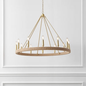 Safavieh Enya, 36" 12-Light Rope Rattan Chandelier With Gold Accents — Adjustable Height, Coastal Farmhouse Glam CHA4084A