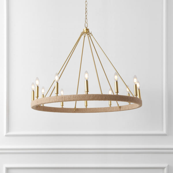 Safavieh Enya, 36" 12-Light Rope Rattan Chandelier With Gold Accents — Adjustable Height, Coastal Farmhouse Glam CHA4084A