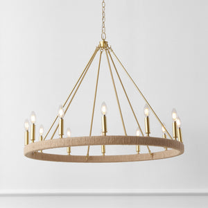 Safavieh Enya, 36" 12-Light Rope Rattan Chandelier With Gold Accents — Adjustable Height, Coastal Farmhouse Glam CHA4084A