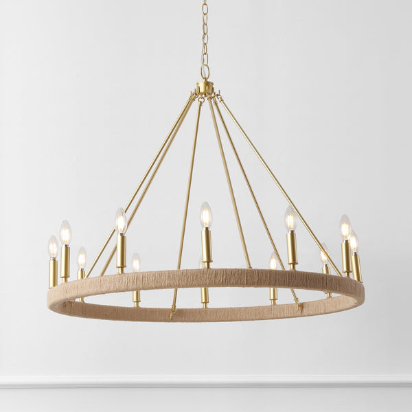 Safavieh Enya, 36" 12-Light Rope Rattan Chandelier With Gold Accents — Adjustable Height, Coastal Farmhouse Glam CHA4084A