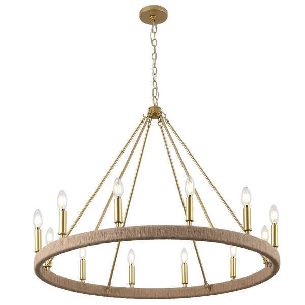 Safavieh Enya, 36" 12-Light Rope Rattan Chandelier With Gold Accents — Adjustable Height, Coastal Farmhouse Glam CHA4084A