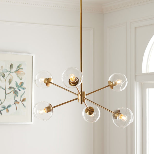 Safavieh CANTORI, Elegant 6-Light Chandelier in Warm Brass & Steel - Modern Design for Dining & Living Spaces CHA7008A