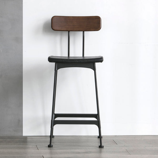 Noah Bar Stool w Wooden Back Matte Black Frame, Dark Brown Seat CHMS004 BAR PUB Zentique