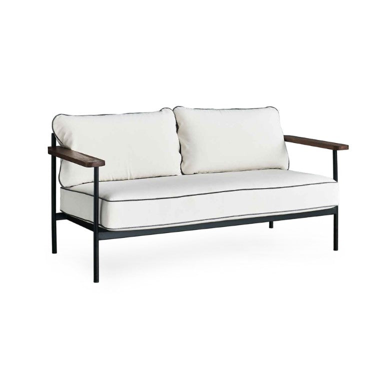 Zentique Geneveive Sofa modern industrial metal frame with walnut oak arms and linen upholstery, comfy compact loveseat (96 chars) CHMS009