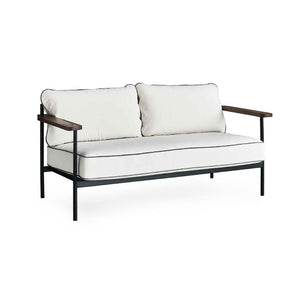 Zentique Geneveive Sofa modern industrial metal frame with walnut oak arms and linen upholstery, comfy compact loveseat (96 chars) CHMS009