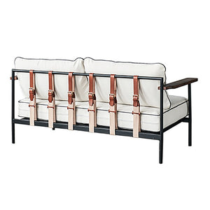 Zentique Geneveive Sofa modern industrial metal frame with walnut oak arms and linen upholstery, comfy compact loveseat (96 chars) CHMS009
