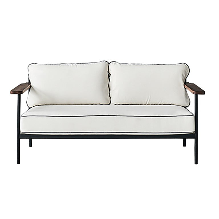Zentique Geneveive Sofa modern industrial metal frame with walnut oak arms and linen upholstery, comfy compact loveseat (96 chars) CHMS009