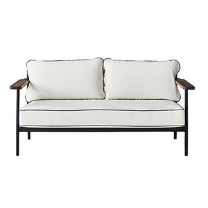Zentique Geneveive Sofa modern industrial metal frame with walnut oak arms and linen upholstery, comfy compact loveseat (96 chars) CHMS009