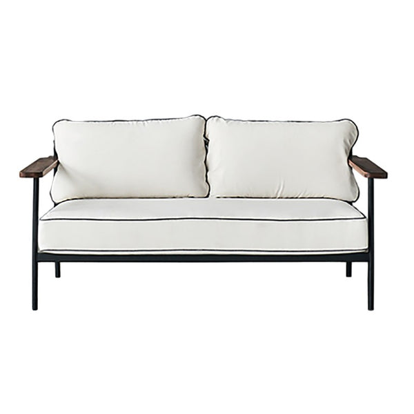 Zentique Geneveive Sofa modern industrial metal frame with walnut oak arms and linen upholstery, comfy compact loveseat (96 chars) CHMS009