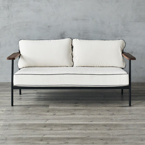 Zentique Geneveive Sofa modern industrial metal frame with walnut oak arms and linen upholstery, comfy compact loveseat (96 chars) CHMS009