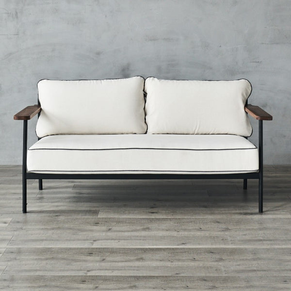 Zentique Geneveive Sofa modern industrial metal frame with walnut oak arms and linen upholstery, comfy compact loveseat (96 chars) CHMS009
