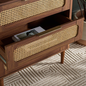 Safavieh Brey 3 Drawer Chest - Modern-Rustic Storage With Warm Tones And Rattan Accents For Every Room Walnut / Brass CHS3100A