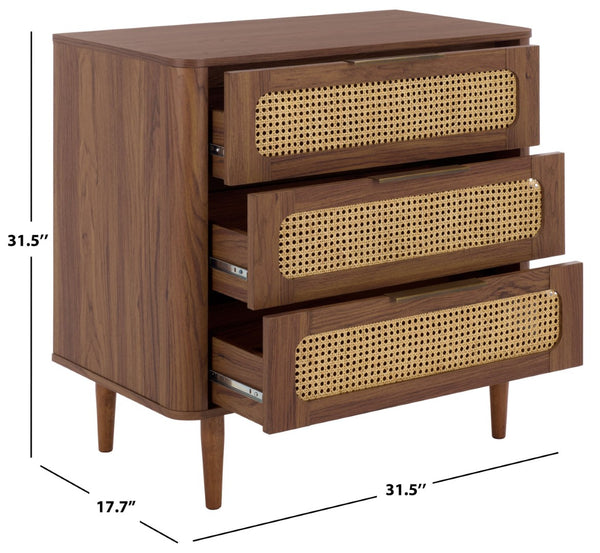 Safavieh Brey 3 Drawer Chest - Modern-Rustic Storage With Warm Tones And Rattan Accents For Every Room Walnut / Brass CHS3100A