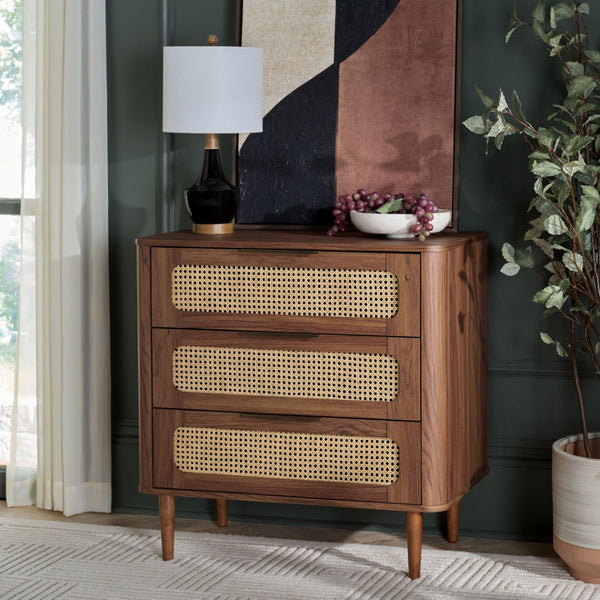 Safavieh Brey 3 Drawer Chest - Modern-Rustic Storage With Warm Tones And Rattan Accents For Every Room Walnut / Brass CHS3100A