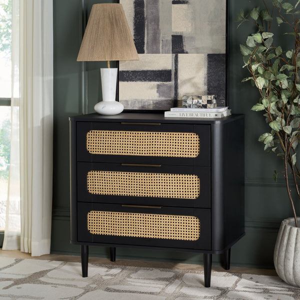 Safavieh Brey 3 Drawer Chest - Modern-Rustic Storage With Warm Tones And Rattan Accents For Every Room Black / Brass CHS3100B