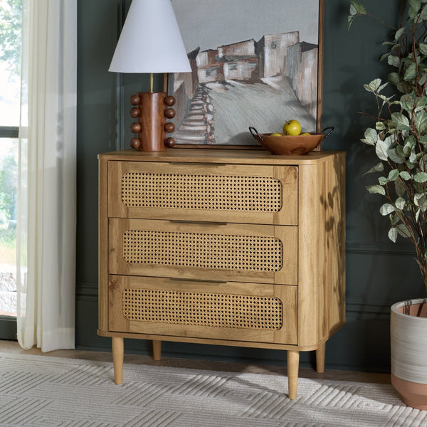 Safavieh Brey 3 Drawer Chest - Modern-Rustic Storage With Warm Tones And Rattan Accents For Every Room Oak / Brass CHS3100C