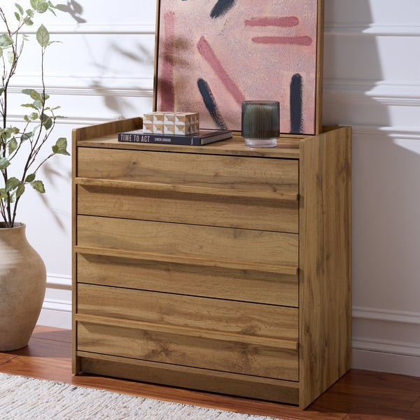 Mishi 3 Drawer Chest With Warm Natural Finish, Engineered Wood Storage Solution For Bedroom & Entryway