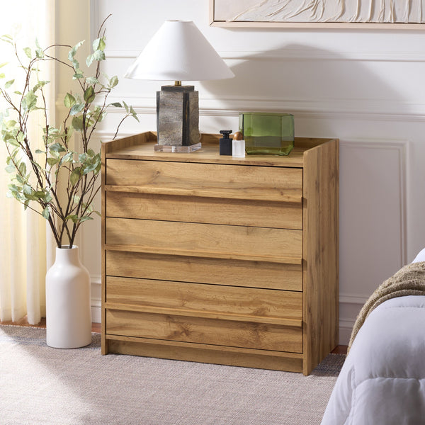 Mishi 3 Drawer Chest With Warm Natural Finish, Engineered Wood Storage Solution For Bedroom & Entryway