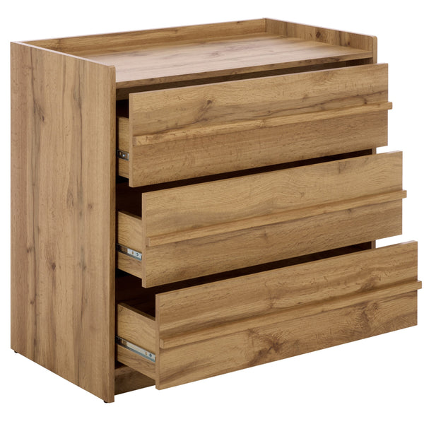 Mishi 3 Drawer Chest With Warm Natural Finish, Engineered Wood Storage Solution For Bedroom & Entryway