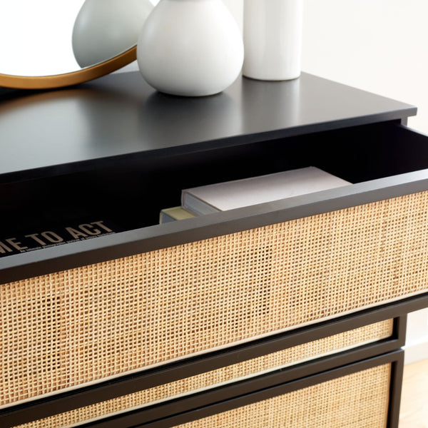 Safavieh Zadie 3-Drawer Rattan Chest - Modern Coastal Storage Solution With Organic Texture And Gold Accents Black With Natural Rattan / Gold Legs CHS5004A