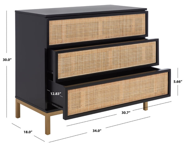 Safavieh Zadie 3-Drawer Rattan Chest - Modern Coastal Storage Solution With Organic Texture And Gold Accents Black With Natural Rattan / Gold Legs CHS5004A