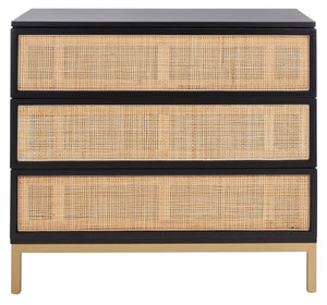 Safavieh Zadie 3-Drawer Rattan Chest - Modern Coastal Storage Solution With Organic Texture And Gold Accents Black With Natural Rattan / Gold Legs CHS5004A