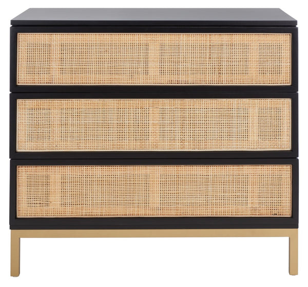 Safavieh Zadie 3-Drawer Rattan Chest - Modern Coastal Storage Solution With Organic Texture And Gold Accents Black With Natural Rattan / Gold Legs CHS5004A