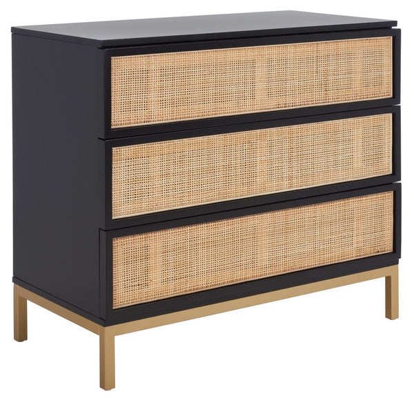 Safavieh Zadie 3-Drawer Rattan Chest - Modern Coastal Storage Solution With Organic Texture And Gold Accents Black With Natural Rattan / Gold Legs CHS5004A