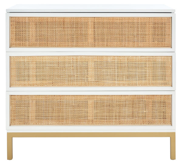 Safavieh Zadie 3-Drawer Rattan Chest - Modern Coastal Storage Solution With Organic Texture And Gold Accents White With Natural Rattan / Gold Legs CHS5004B