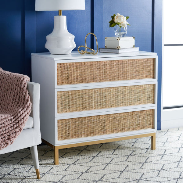 Safavieh Zadie 3-Drawer Rattan Chest - Modern Coastal Storage Solution With Organic Texture And Gold Accents White With Natural Rattan / Gold Legs CHS5004B