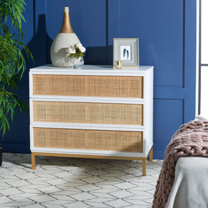 Safavieh Zadie 3-Drawer Rattan Chest - Modern Coastal Storage Solution With Organic Texture And Gold Accents White With Natural Rattan / Gold Legs CHS5004B