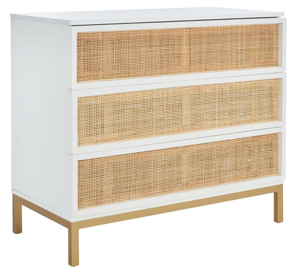 Safavieh Zadie 3-Drawer Rattan Chest - Modern Coastal Storage Solution With Organic Texture And Gold Accents White With Natural Rattan / Gold Legs CHS5004B