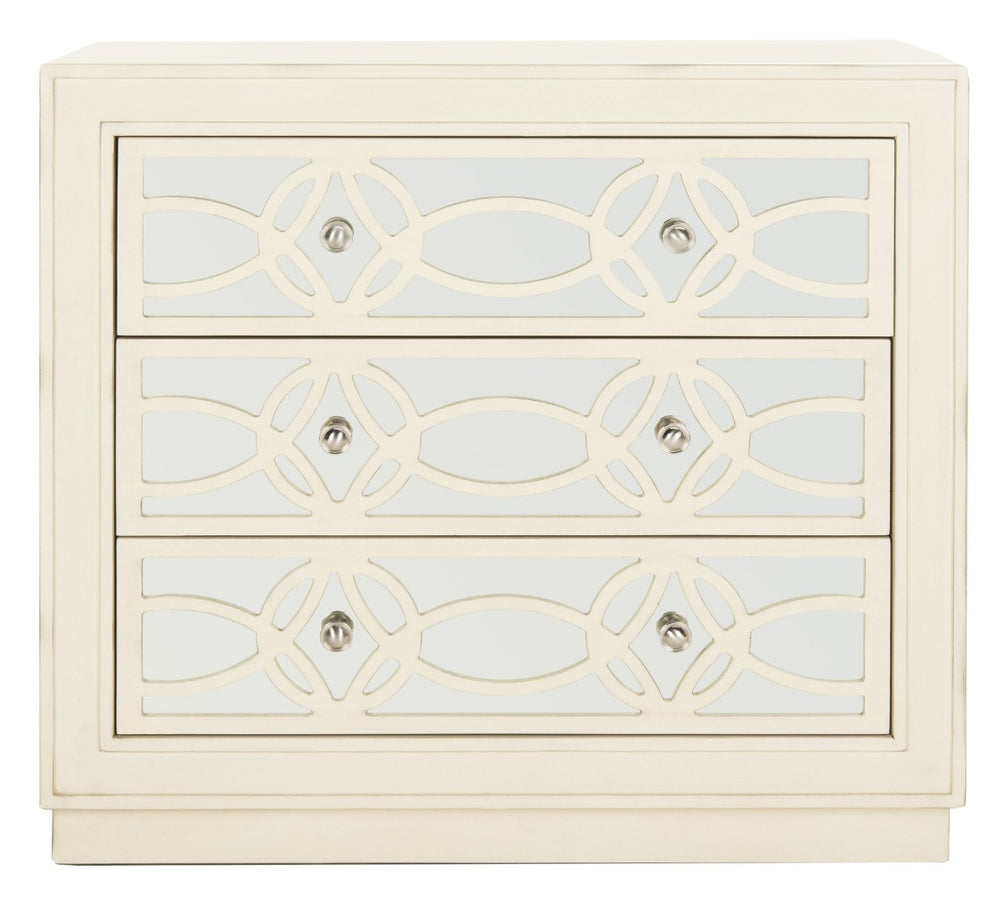 Safavieh Catalina 3-Drawer Chest: Luxe Deco Design With Stylish Guilloche Pattern For Modern Storage Solutions Antique Beige/Mirror CHS6400B