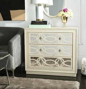 Safavieh Catalina 3-Drawer Chest: Luxe Deco Design With Stylish Guilloche Pattern For Modern Storage Solutions Antique Beige/Mirror CHS6400B