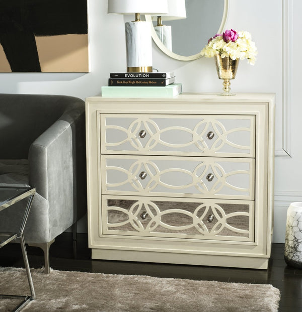 Safavieh Catalina 3-Drawer Chest: Luxe Deco Design With Stylish Guilloche Pattern For Modern Storage Solutions Antique Beige/Mirror CHS6400B