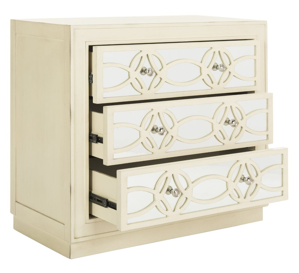 Safavieh Catalina 3-Drawer Chest: Luxe Deco Design With Stylish Guilloche Pattern For Modern Storage Solutions Antique Beige/Mirror CHS6400B