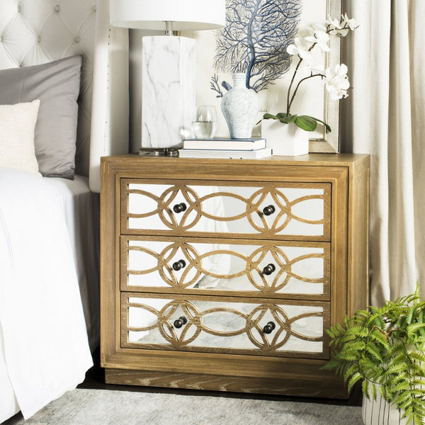 Safavieh Catalina 3-Drawer Chest: Luxe Deco Design With Stylish Guilloche Pattern For Modern Storage Solutions Rustic Oak/Mirror CHS6400C
