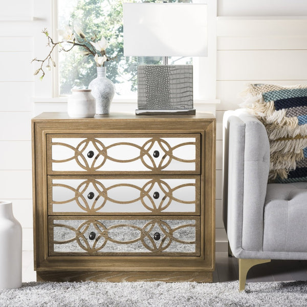 Safavieh Catalina 3-Drawer Chest: Luxe Deco Design With Stylish Guilloche Pattern For Modern Storage Solutions Rustic Oak/Mirror CHS6400C