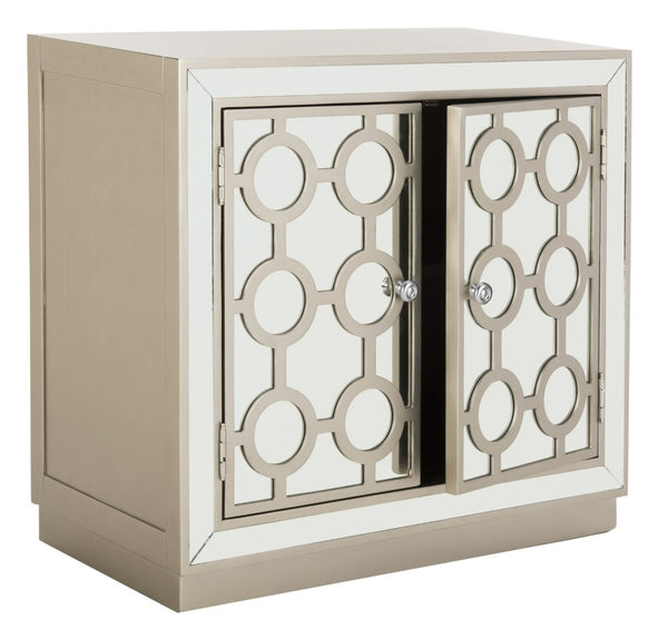 Safavieh Kaia Two-Door Chest: Glamorous Art Deco Design With Mirrored Lattice, Perfect For Stylish Storage Solutions Champagne/Mirror CHS6404A