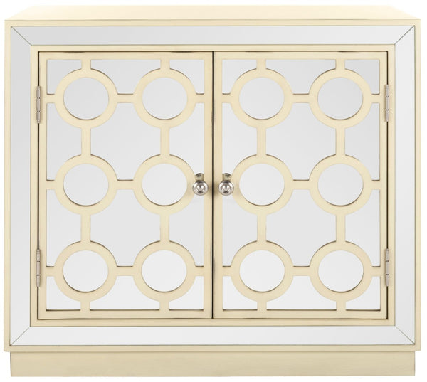 Safavieh Kaia Two-Door Chest: Glamorous Art Deco Design With Mirrored Lattice, Perfect For Stylish Storage Solutions Antique Beige/Mirror CHS6404B